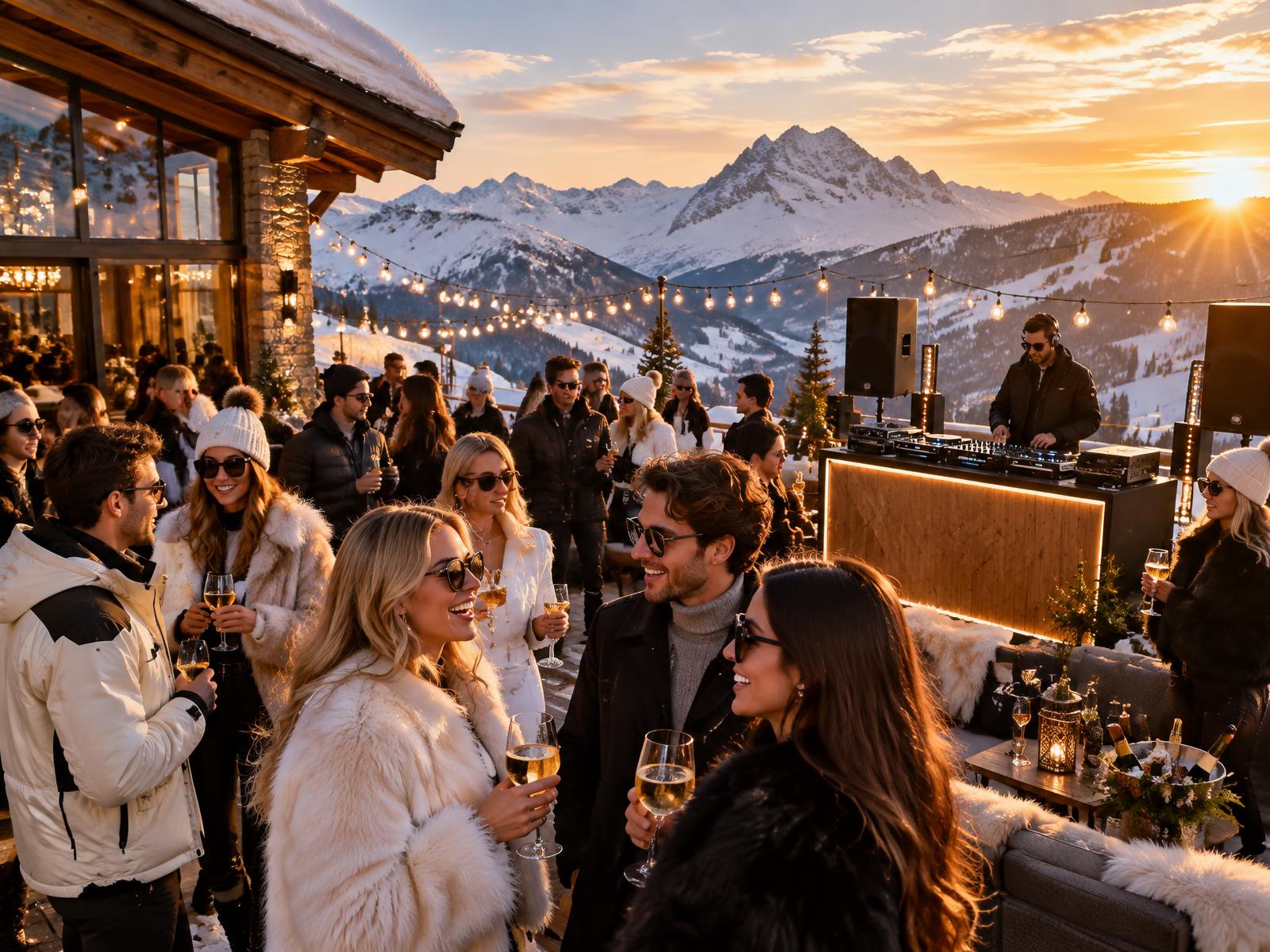 Après-ski party on the terrace at sunset