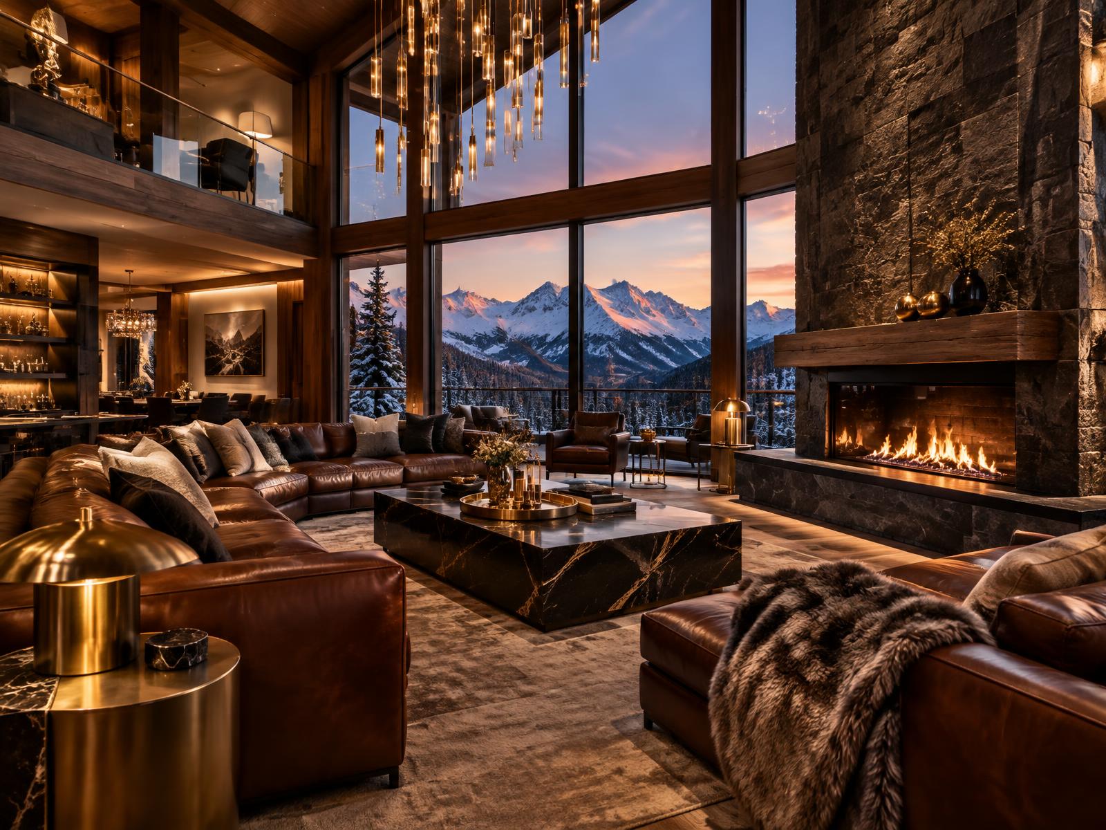 Chalet lounge with fireplace and mountain views