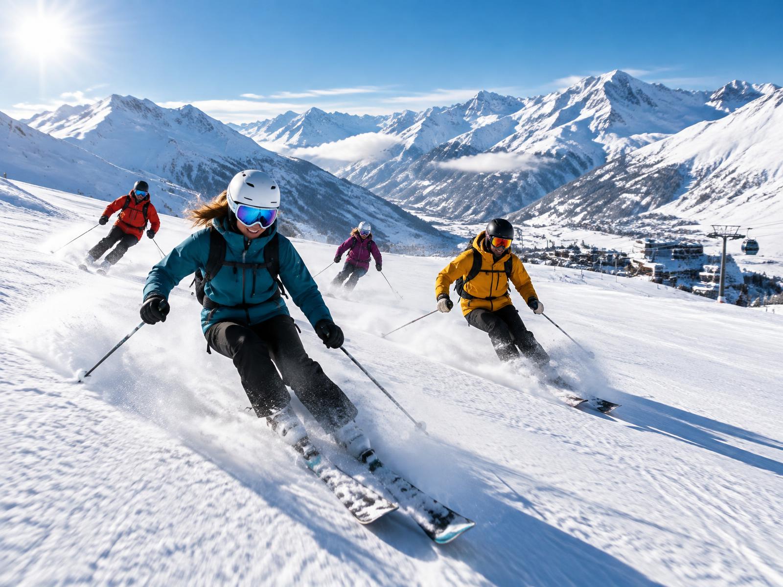 The group skiing the groomed slopes of Gudauri